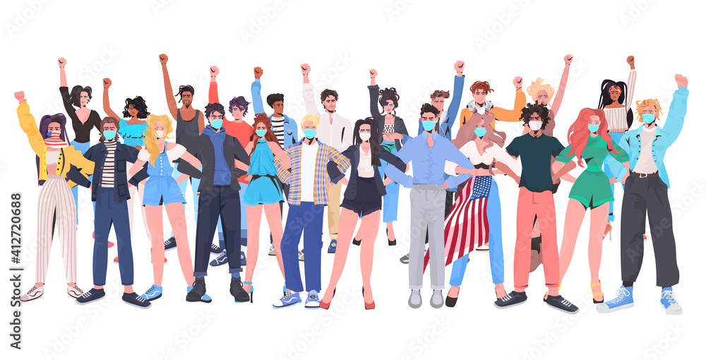 Obraz premium mix race people crowd in masks with raised up hands standing together labor day celebration coronavirus quarantine concept full length horizontal vector illustration