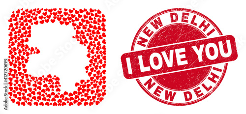Vector collage New Delhi City map of love heart elements and grunge love stamp. Collage geographic New Delhi City map created as carved shape from rounded square shape with love hearts.