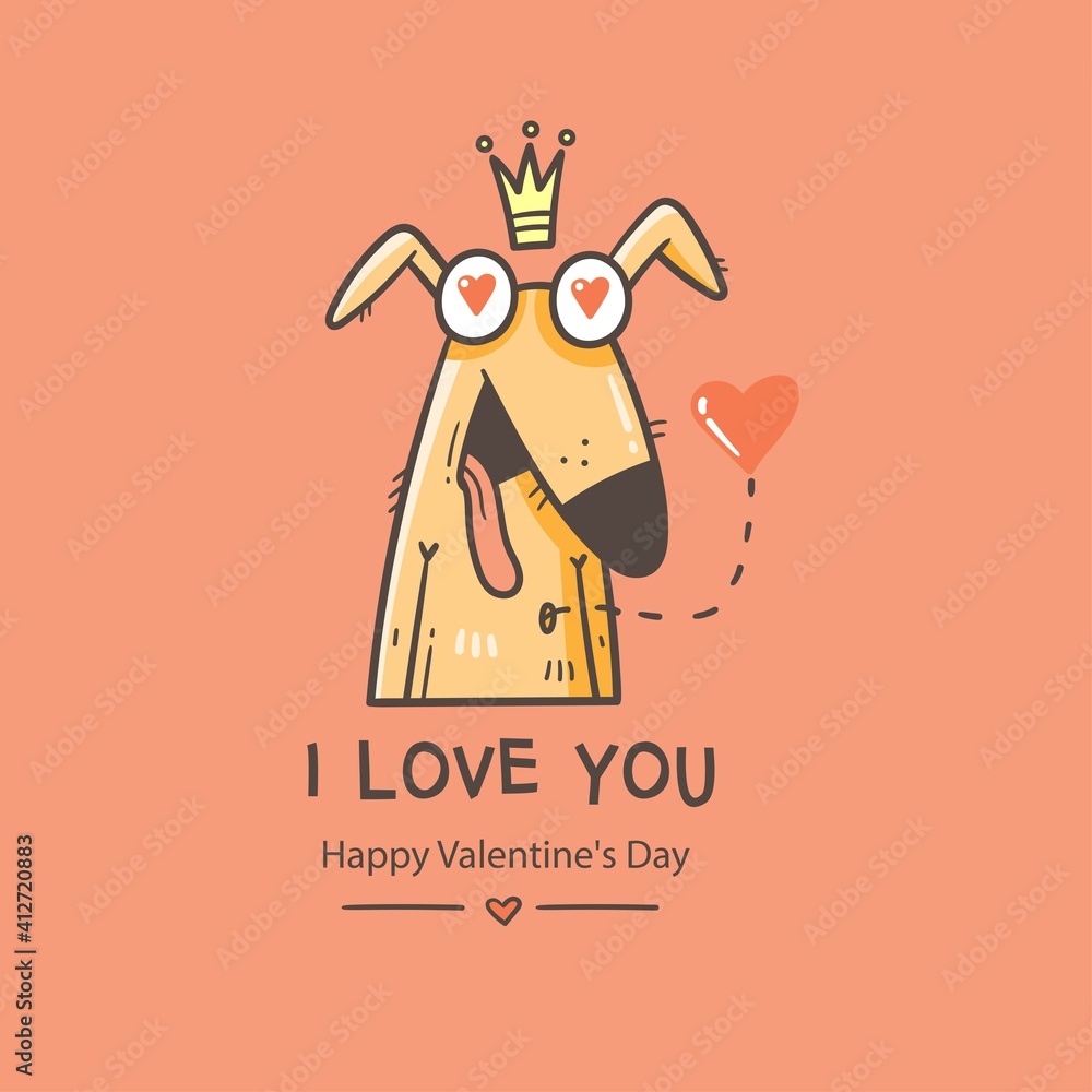Valentine's day card with cute cartoon dog. Greeting print with doodle funny animal. Line art poster for children. Vector holiday illustration. Valentine's day card with cute cartoon dog. Greeting print with doodle funny animal. Line art poster for children. Vector holiday illustration.