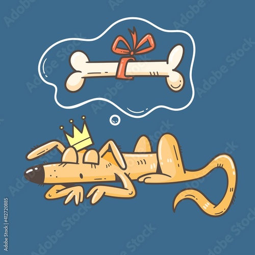 Card with cute cartoon sleeping dog. Print with doodle funny animal. Line art poster for children. Vector  illustration.