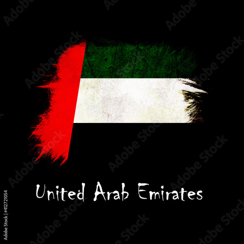 National flag of United Arab Emirates, abbreviated with ae; a realistic 3d image of the national symbol from an independent country painted on a black background with the countryname below photo