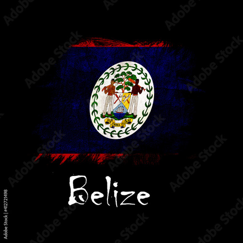 National flag of Belize, abbreviated with bz; a realistic 3d image of the national symbol from an independent country painted on a black background with the countryname below photo