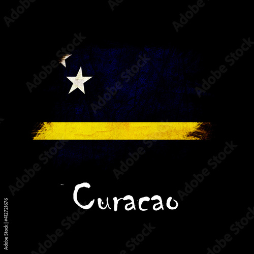 National flag of Curacao, abbreviated with cw; a realistic 3d image of the national symbol from an independent country painted on a black background with the countryname below photo