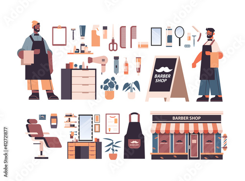 set barbershop tools and accessories with male mix race barbers in uniform shaving and hairdresser equipments collection isolated horizontal vector illustration