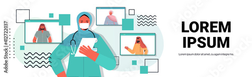 female arab doctor discussing with arabic patients during video call online medical consultation coronavirus quarantine self isolation concept horizontal copy space portrait vector illustration
