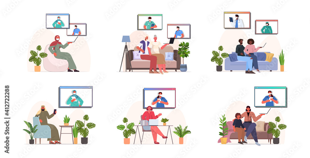 set mix race people discussing with doctors in web browser windows during video call online medical consultation coronavirus quarantine self isolation concept horizontal vector illustration set mix race people discussing with doctors in web browser windows during video call online medical consultation coronavirus quarantine self isolation concept horizontal vector illustration