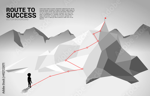 Boy and Route to the top of mountain. Concept of Goal, Mission, Vision, Career path, Vector concept Polygon dot connect line style