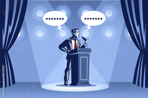 Businessman Delivers Speech on Stage under Spotlight Blue Collar Illustration Concept