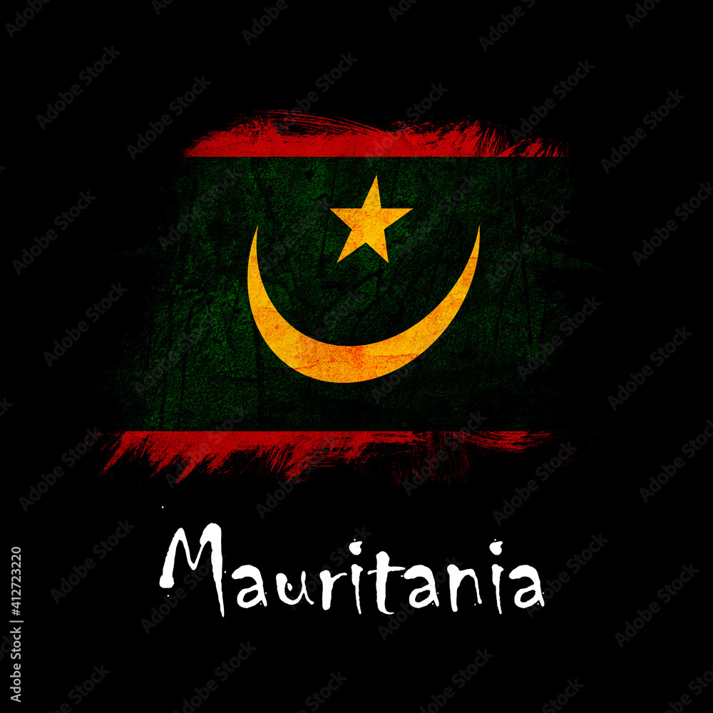 National flag of Mauritania, abbreviated with mr; a realistic 3d image of the national symbol from an independent country painted on a black background with the countryname below