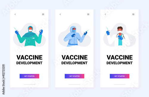 set doctors in protective masks and suits holding syringe and bottle vial coronavirus vaccine development fight against covid-19 concept portrait horizontal vector illustration