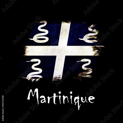 National flag of Martinique, abbreviated with mq; a realistic 3d image of the national symbol from an independent country painted on a black background with the countryname below photo