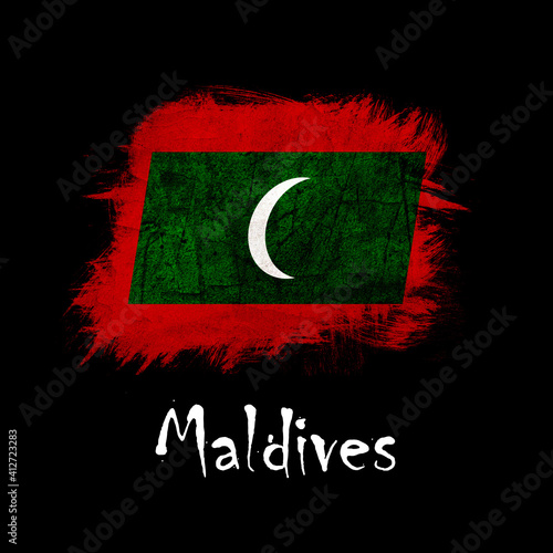 National flag of Maldives, abbreviated with mv; a realistic 3d image of the national symbol from an independent country painted on a black background with the countryname below photo