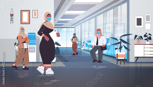 arabic businesspeople in protective masks keeping distance to prevent coronavirus pandemic arabic colleagues standing in office hallway horizontal full length vector illustration