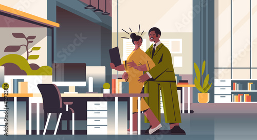 businessman molesting female employee sexual harassment at workplace businesswoman feeling disgusted office interior horizontal full length vector illustration