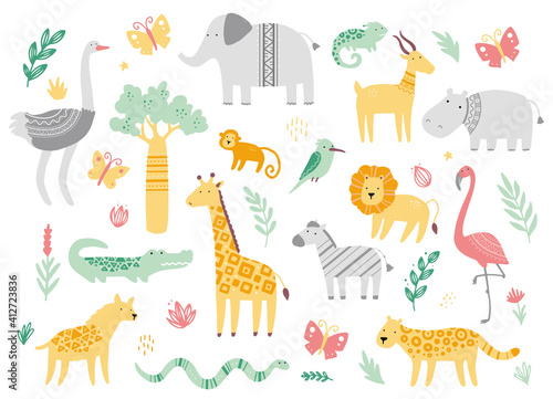 Set of cute african zoo animals giraffe  zebra  lion  bird  elephant  snake  lizard  cheetah  crocodile. Flat and simple design style for baby  children illustration.