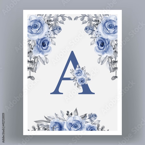 Poster frame with alphabet flower with blue floral watercolor