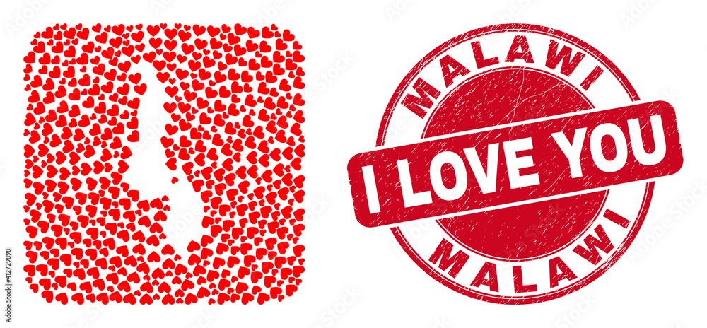 Vector collage Malawi map of love heart elements and grunge love seal. Collage geographic Malawi map created as hole from rounded square shape with valentine hearts. Vector collage Malawi map of love heart elements and grunge love seal. Collage geographic Malawi map created as hole from rounded square shape with valentine hearts.
