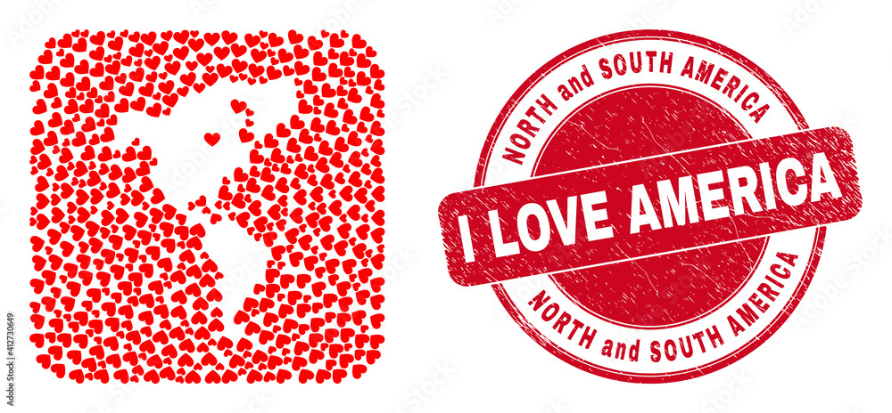 Vector mosaic South and North America map of valentine heart items and grunge love seal stamp. Vector mosaic South and North America map of valentine heart items and grunge love seal stamp.