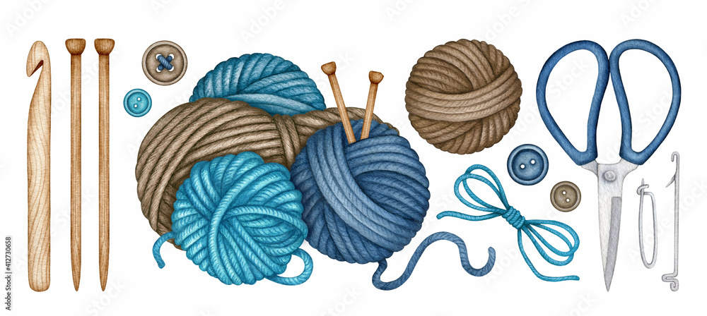 Watercolor Knitting and Crocheting tools set. Wooden Knitting needles,  Crochet Hook, Wool Yarn Skeins, Balls, Scissors. Hand drawn clipart,  elements isolated for Knitters blog design, logo, pattern Stock  Illustration