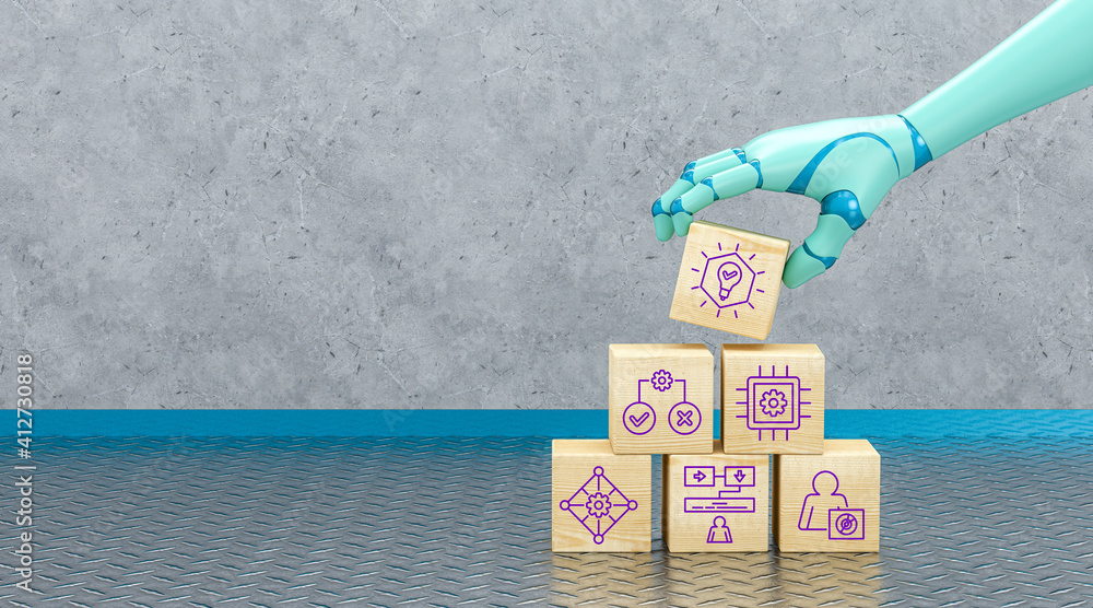 robot hand adding a cube with idea symol to a stack of cubes with ...