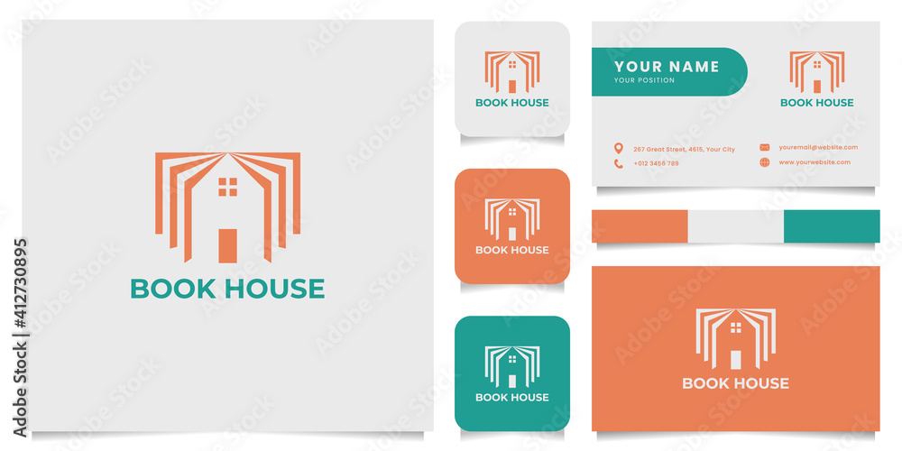 Simple and minimalist book house logo, with business card, icon, and color palette Simple and minimalist book house logo, with business card, icon, and color palette