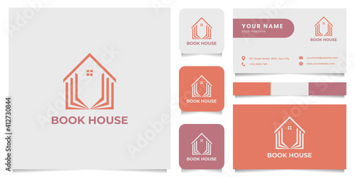 Simple and minimalist book house logo, with business card, icon, and color palette