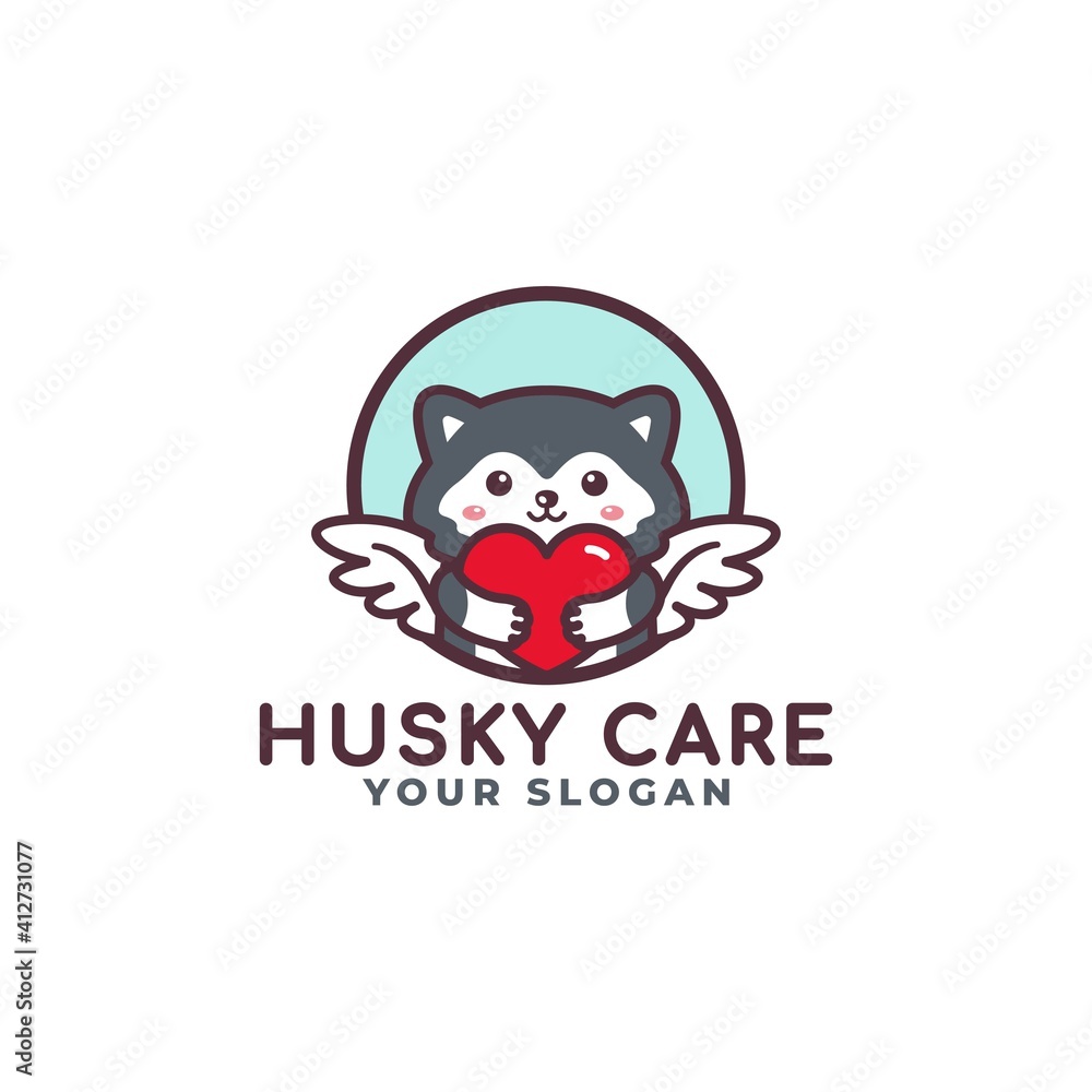 Cute Siberian Husky Dog Hugging Heart Care Logo Mascot Baby Shop Cute Siberian Husky Dog Hugging Heart Care Logo Mascot Baby Shop
