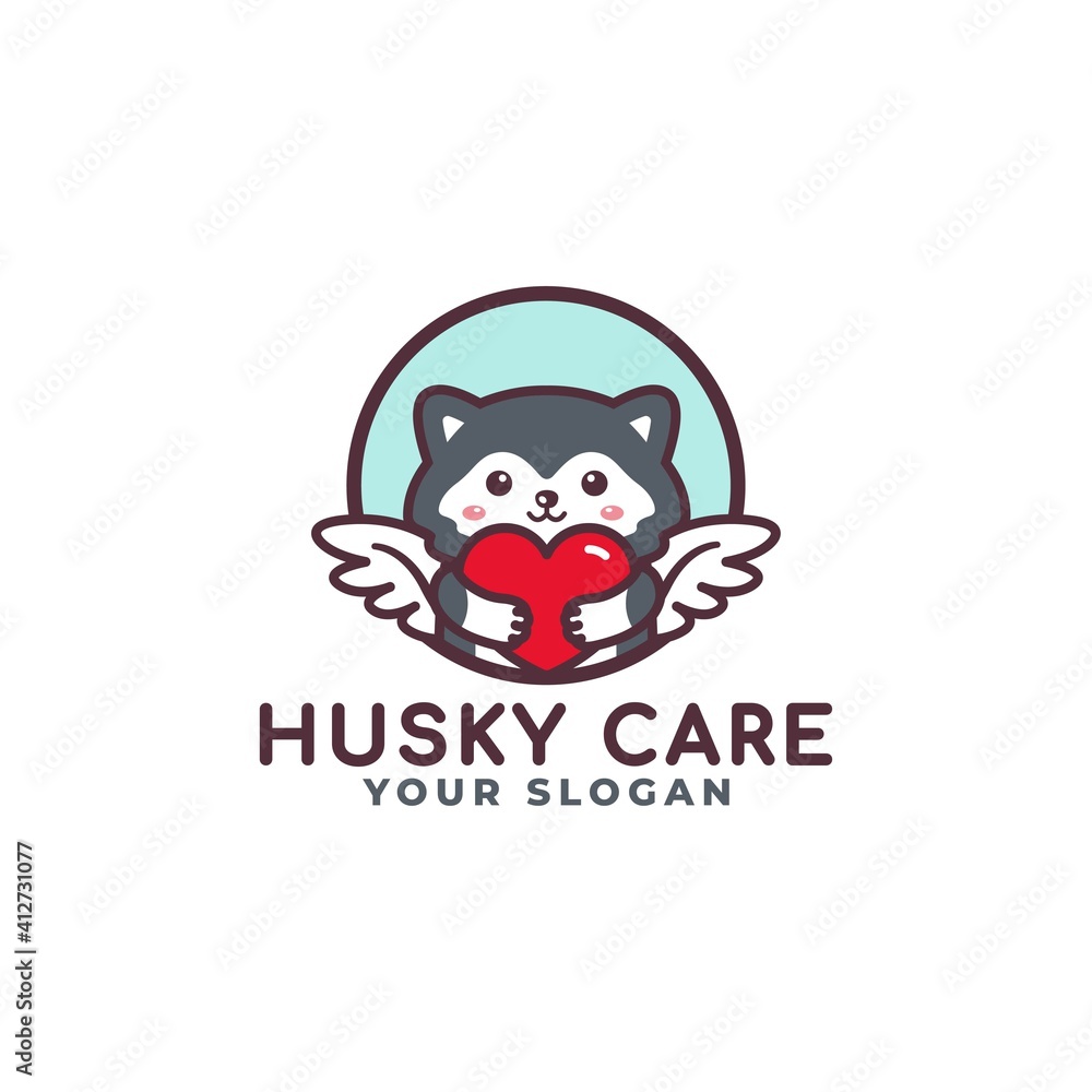 Cute Siberian Husky Dog Hugging Heart Care Logo Mascot Baby Shop