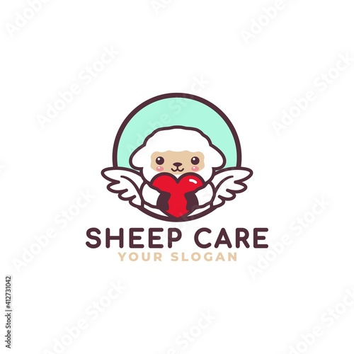 Cute Sheep Hugging Heart Care Logo Mascot Baby Shop © boex