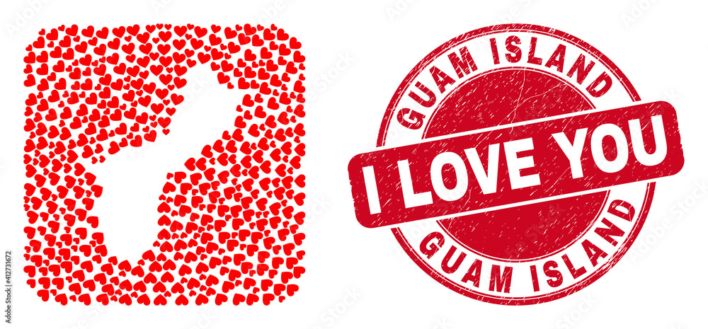 Vector mosaic Guam Island map of valentine heart items and grunge love seal. Mosaic geographic Guam Island map created as hole from rounded square shape with love hearts. Vector mosaic Guam Island map of valentine heart items and grunge love seal. Mosaic geographic Guam Island map created as hole from rounded square shape with love hearts.