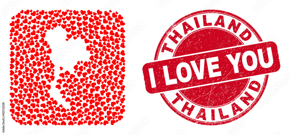 Vector mosaic Thailand map of valentine heart items and grunge love seal. Mosaic geographic Thailand map created as subtraction from rounded square using lovely hearts. Vector mosaic Thailand map of valentine heart items and grunge love seal. Mosaic geographic Thailand map created as subtraction from rounded square using lovely hearts.