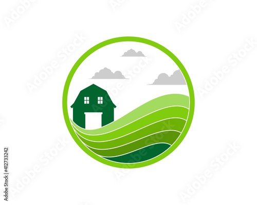 Circular shape with farm and barn inside