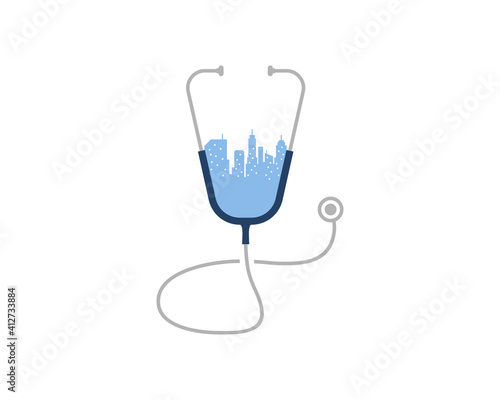 Stethoscope with city building in the middle