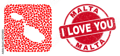 Vector collage Malta map of lovely heart elements and grunge love seal stamp. Collage geographic Malta map created as hole from rounded square shape with love hearts.