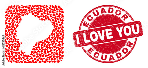 Vector mosaic Ecuador map of love heart elements and grunge love badge. Mosaic geographic Ecuador map designed as subtraction from rounded square with valentine hearts.