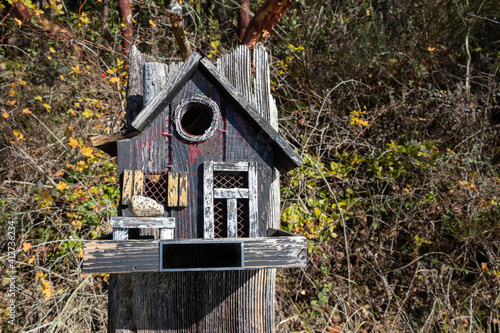 wooden bird house at Witty's Lagoon Regional Park, British Columbia