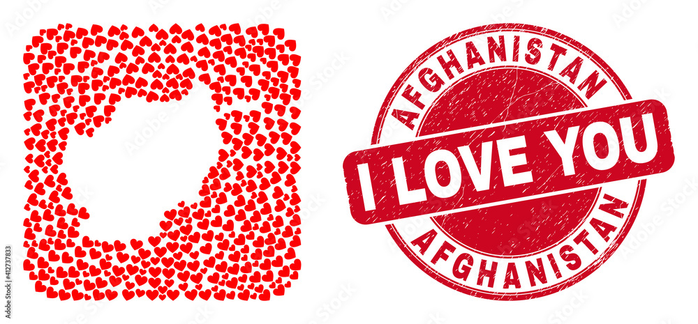 Vector collage Afghanistan map of lovely heart items and grunge love seal stamp. Collage geographic Afghanistan map created as hole from rounded square with lovely hearts. Vector collage Afghanistan map of lovely heart items and grunge love seal stamp. Collage geographic Afghanistan map created as hole from rounded square with lovely hearts.