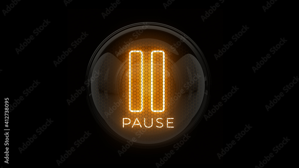 Pause. Pause button. Pause Icon. Nixie tube indicator. Gas discharge indicators and lamps. 3D. 3D Rendering