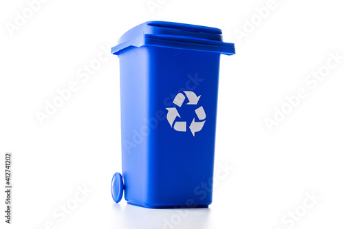 Trash bin. Blue dustbin for recycle paper trash isolated on white background. Container for disposal garbage waste and save environment.