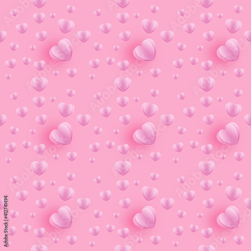 Paper cut seamless pattern with hand drawn red hearts. Colorful doodle hearts on pink background.
