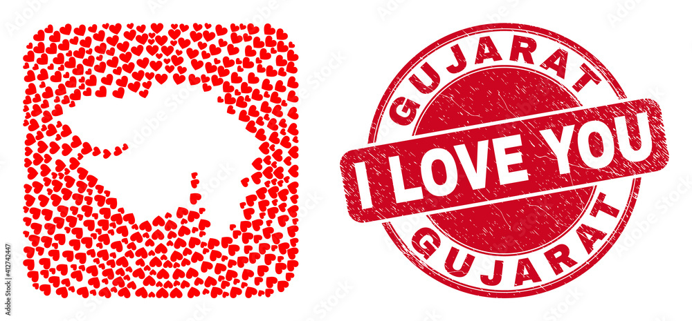 Vector collage Gujarat State map of love heart elements and grunge love badge. Collage geographic Gujarat State map designed as carved shape from rounded square with lovely hearts. Vector collage Gujarat State map of love heart elements and grunge love badge. Collage geographic Gujarat State map designed as carved shape from rounded square with lovely hearts.