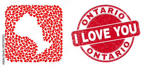 Vector mosaic Ontario Province map of lovely heart items and grunge love seal. Mosaic geographic Ontario Province map created as carved shape from rounded square shape with valentine hearts.