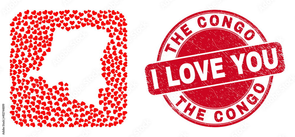 Vector mosaic Democratic Republic of the Congo map of lovely heart items and grunge love seal stamp. Vector mosaic Democratic Republic of the Congo map of lovely heart items and grunge love seal stamp.