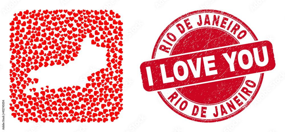 Vector mosaic Rio de Janeiro State map of lovely heart elements and grunge love seal. Collage geographic Rio de Janeiro State map created as stencil from rounded square shape with love hearts. Vector mosaic Rio de Janeiro State map of lovely heart elements and grunge love seal. Collage geographic Rio de Janeiro State map created as stencil from rounded square shape with love hearts.