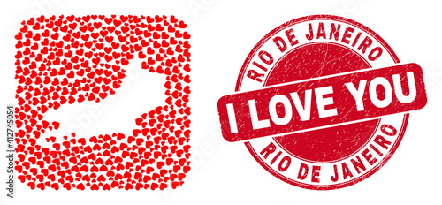 Vector mosaic Rio de Janeiro State map of lovely heart elements and grunge love seal. Collage geographic Rio de Janeiro State map created as stencil from rounded square shape with love hearts.