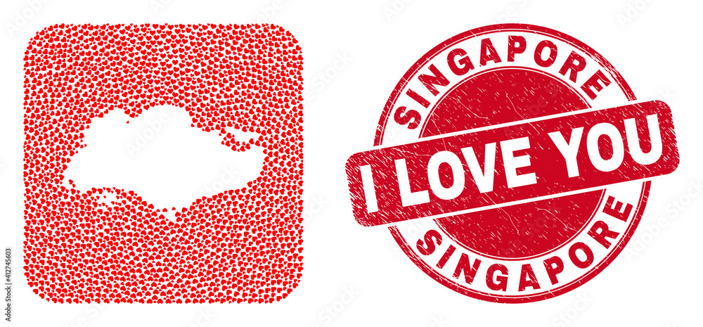 Vector mosaic Singapore map of valentine heart items and grunge love seal. Mosaic geographic Singapore map created as stencil from rounded square with love hearts. Vector mosaic Singapore map of valentine heart items and grunge love seal. Mosaic geographic Singapore map created as stencil from rounded square with love hearts.