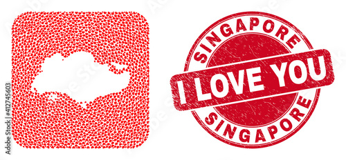 Vector mosaic Singapore map of valentine heart items and grunge love seal. Mosaic geographic Singapore map created as stencil from rounded square with love hearts.