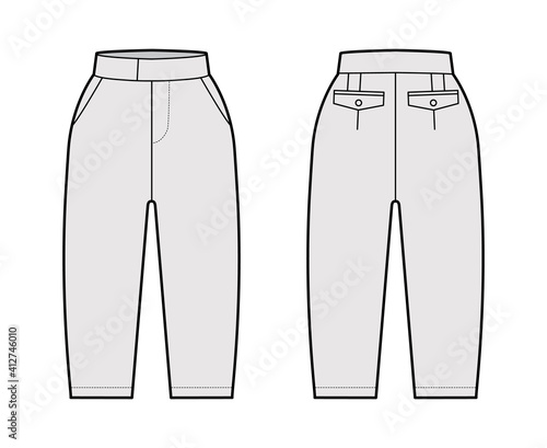 Short capri pants technical fashion illustration with knee length, normal waist, high rise, slashed pocket, extended waistband. Flat bottom template front, back grey color style. Women, men CAD mockup