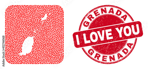 Vector mosaic Grenada map of valentine heart items and grunge love seal. Mosaic geographic Grenada map created as stencil from rounded square shape with lovely hearts.