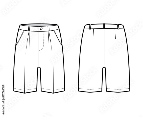 Short Bermuda dress pants technical fashion illustration with above-the-knee length, single pleat, low waist, rise, slashed pocket. Flat walking bottom front, back, white color. Women, men CAD mockup
